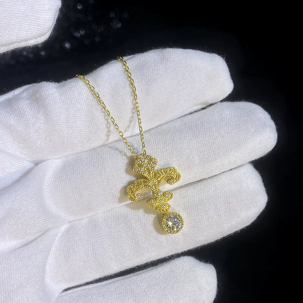Fleur-de-Lis Moissanite Pendant Necklace with Cubic Zirconia in 18K Yellow Gold-Plated S925 Sterling Silver dark background product display view