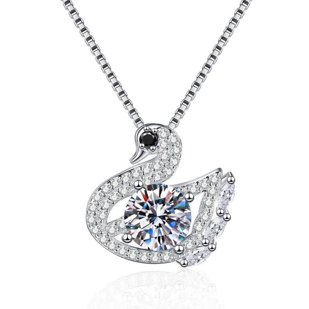 Swan Moissanite Pendant Necklace with Cubic Zirconia in Platinum-Plated S925 Sterling Silver on clean white background showing the swan-shaped pendant with a round moissanite center