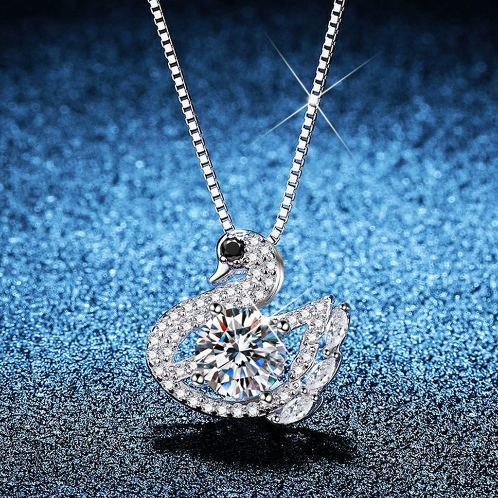 Swan Moissanite Pendant Necklace with Cubic Zirconia in Platinum-Plated S925 Sterling Silver blue background product view