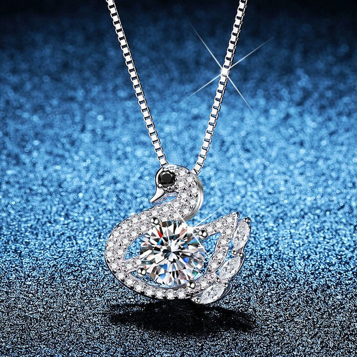 Swan Moissanite Pendant Necklace with Cubic Zirconia in Platinum-Plated S925 Sterling Silver blue background product view