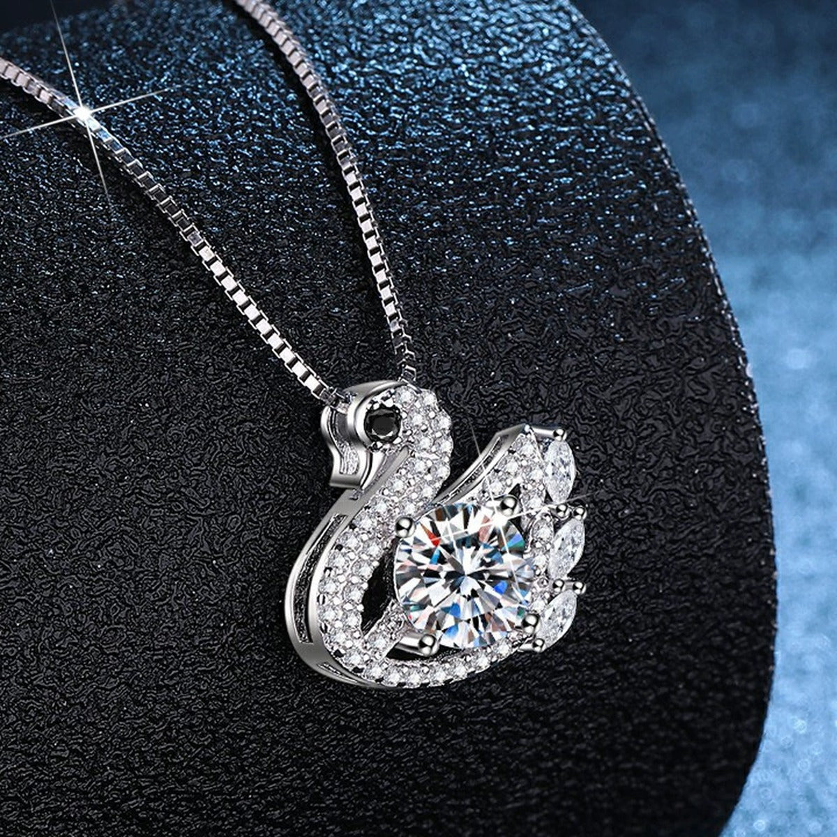 Swan Moissanite Pendant Necklace with Cubic Zirconia in Platinum-Plated S925 Sterling Silver dark background product display view