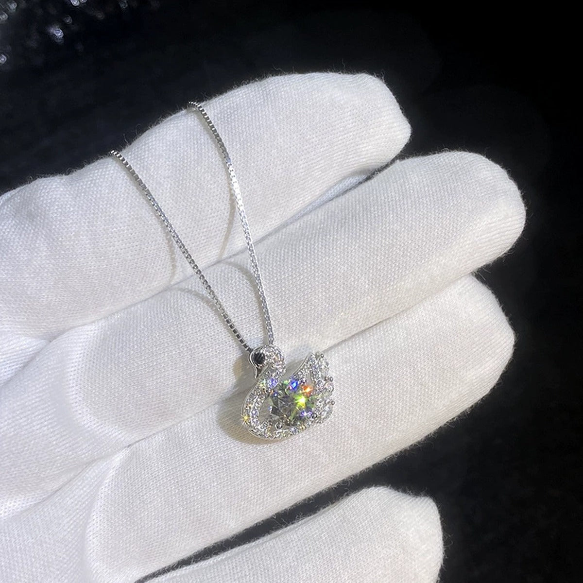 Swan Moissanite Pendant Necklace with Cubic Zirconia in Platinum-Plated S925 Sterling Silver dark background product display view