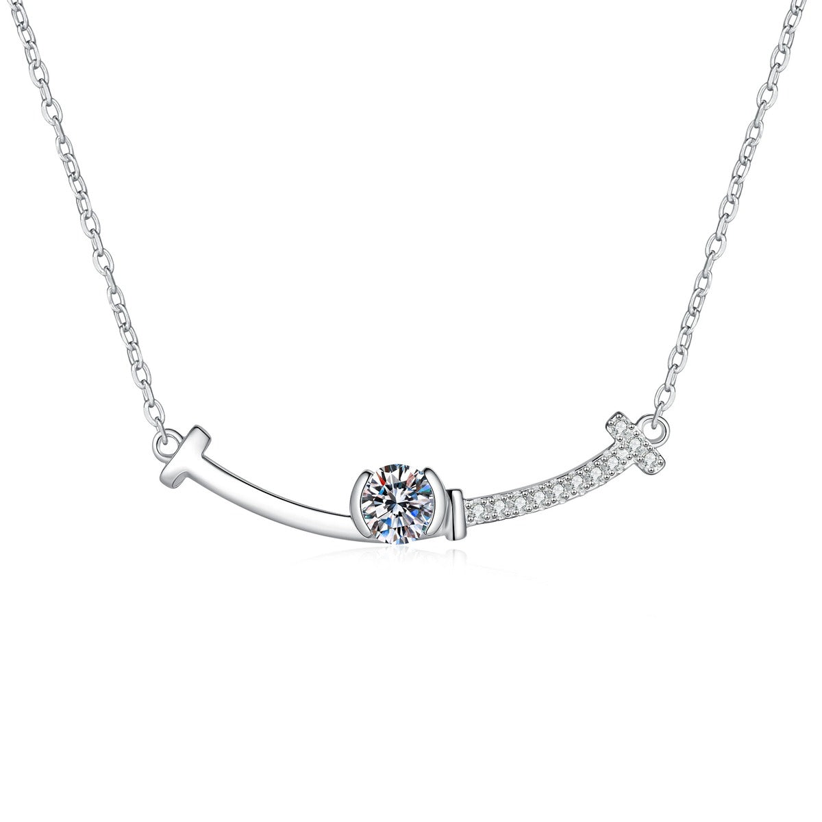 Bar Moissanite Station Necklace with Cubic Zirconia in Platinum-Plated S925 Sterling Silver on clean white background showing the curved bar station necklace with a round moissanite center