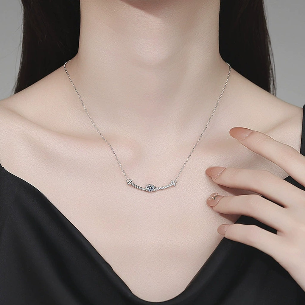 Bar Moissanite Station Necklace with Cubic Zirconia in Platinum-Plated S925 Sterling Silver worn on neckline by model