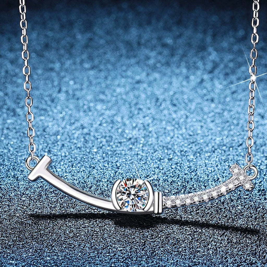 Bar Moissanite Station Necklace with Cubic Zirconia in Platinum-Plated S925 Sterling Silver blue background product view