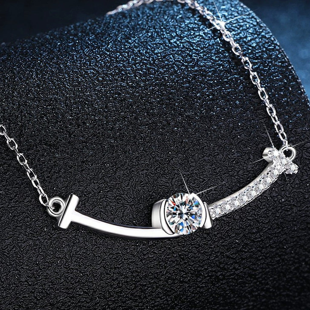 Bar Moissanite Station Necklace with Cubic Zirconia in Platinum-Plated S925 Sterling Silver dark background product display view
