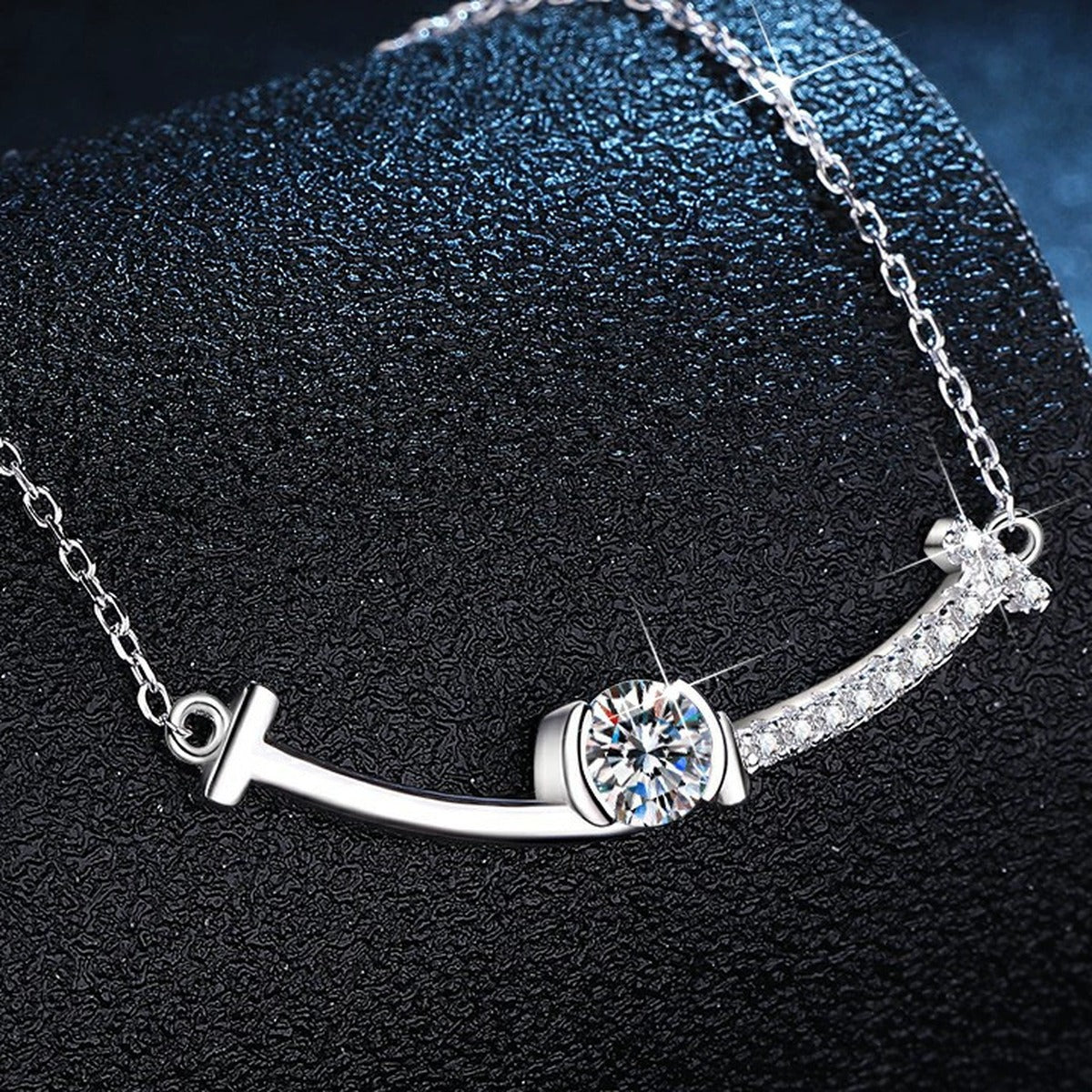 Bar Moissanite Station Necklace with Cubic Zirconia in Platinum-Plated S925 Sterling Silver dark background product display view