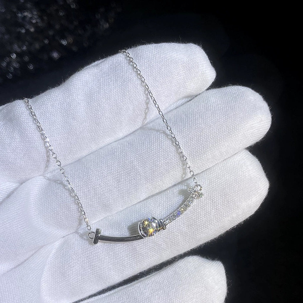Bar Moissanite Station Necklace with Cubic Zirconia in Platinum-Plated S925 Sterling Silver dark background product display view