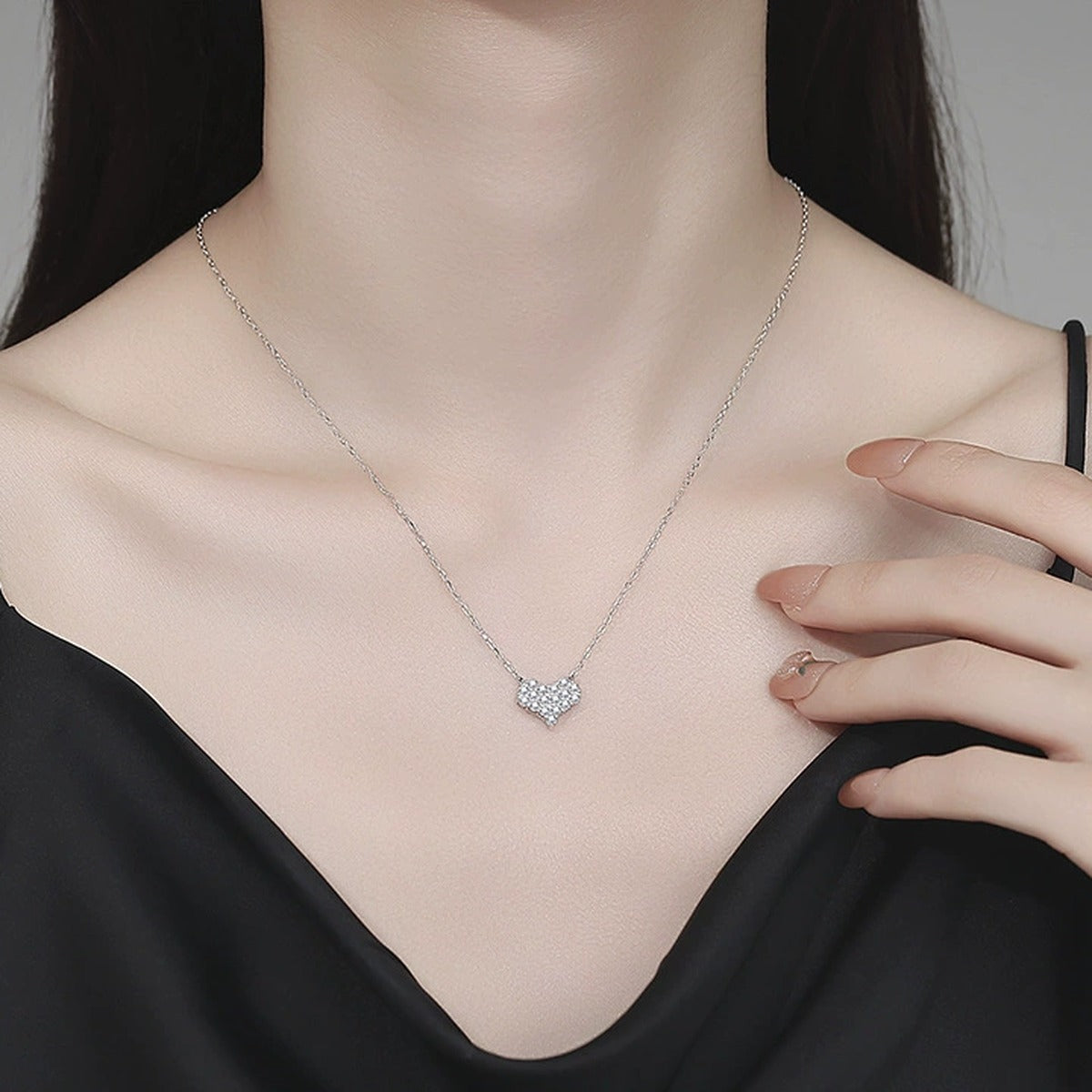 Crown Cluster Moissanite Pendant Necklace in Platinum-Plated S925 Sterling Silver worn on neckline by model