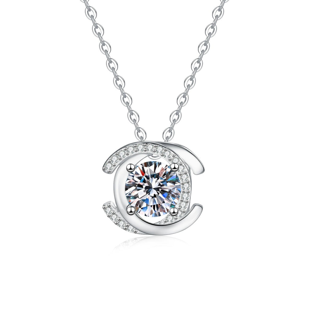Circle Halo Moissanite Pendant Necklace with Cubic Zirconia in Platinum-Plated S925 Sterling Silver on clean white background showing the circle halo pendant wrapped around a round moissanite center