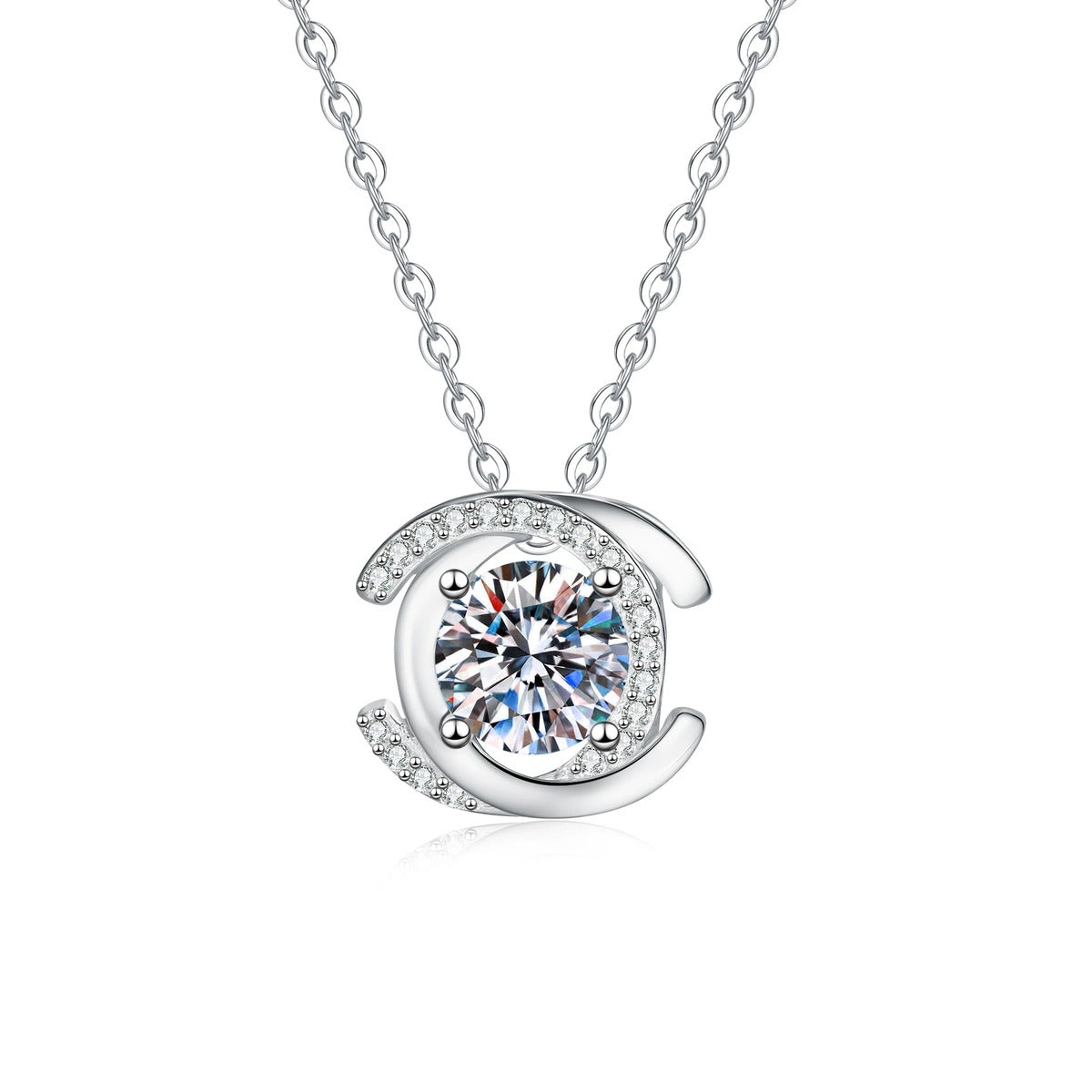 Circle Halo Moissanite Pendant Necklace with Cubic Zirconia in Platinum-Plated S925 Sterling Silver on clean white background showing the circle halo pendant wrapped around a round moissanite center