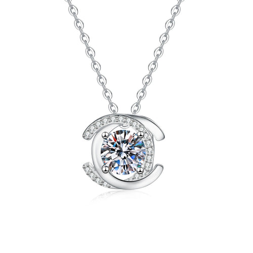 Circle Halo Moissanite Pendant Necklace with Cubic Zirconia in Platinum-Plated S925 Sterling Silver on clean white background showing the circle halo pendant wrapped around a round moissanite center