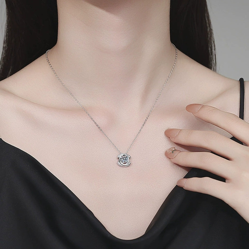 Circle Halo Moissanite Pendant Necklace with Cubic Zirconia in Platinum-Plated S925 Sterling Silver worn on neckline by model