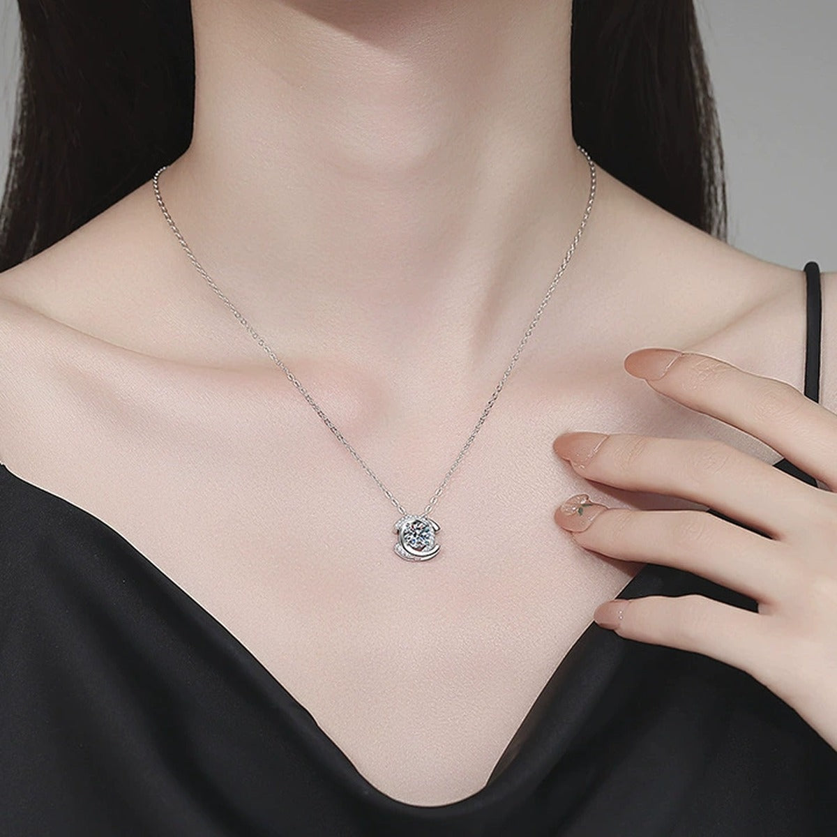 Circle Halo Moissanite Pendant Necklace with Cubic Zirconia in Platinum-Plated S925 Sterling Silver worn on neckline by model
