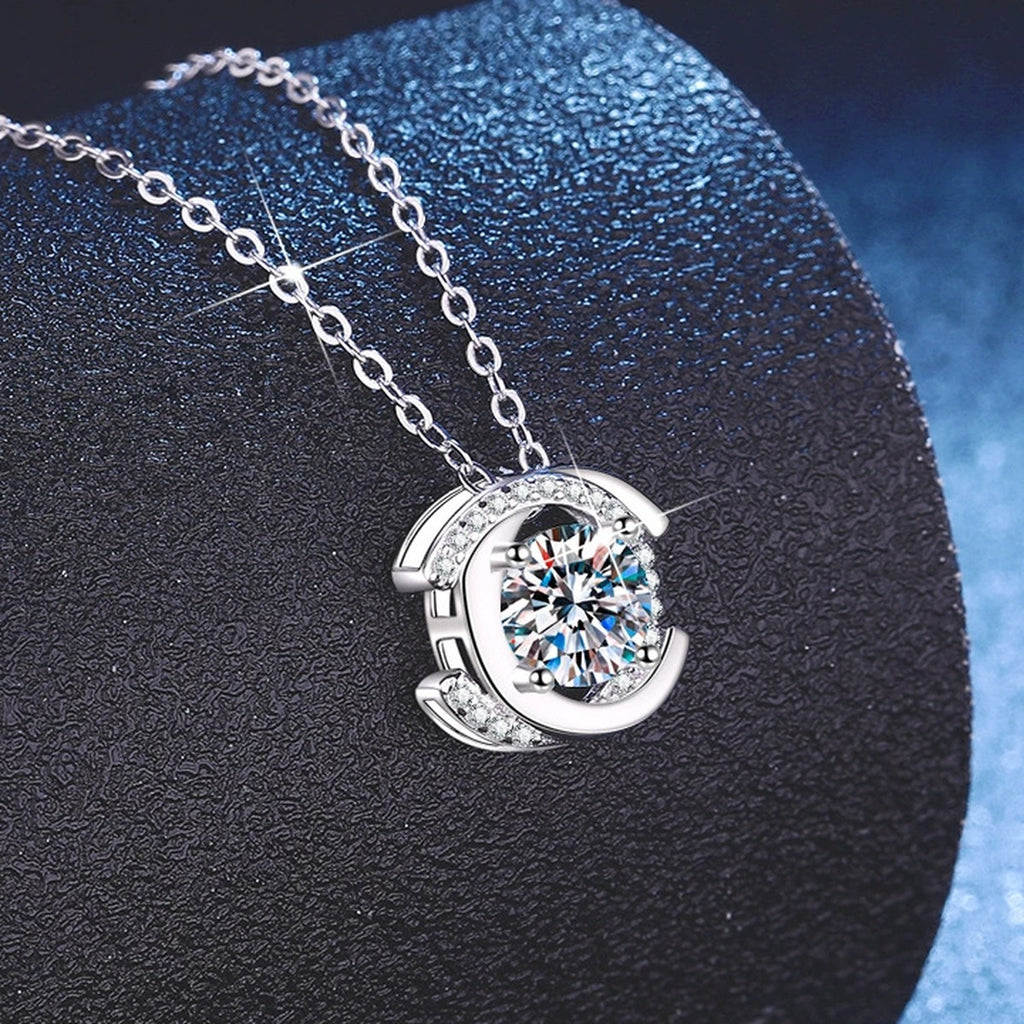 Circle Halo Moissanite Pendant Necklace with Cubic Zirconia in Platinum-Plated S925 Sterling Silver blue background product view