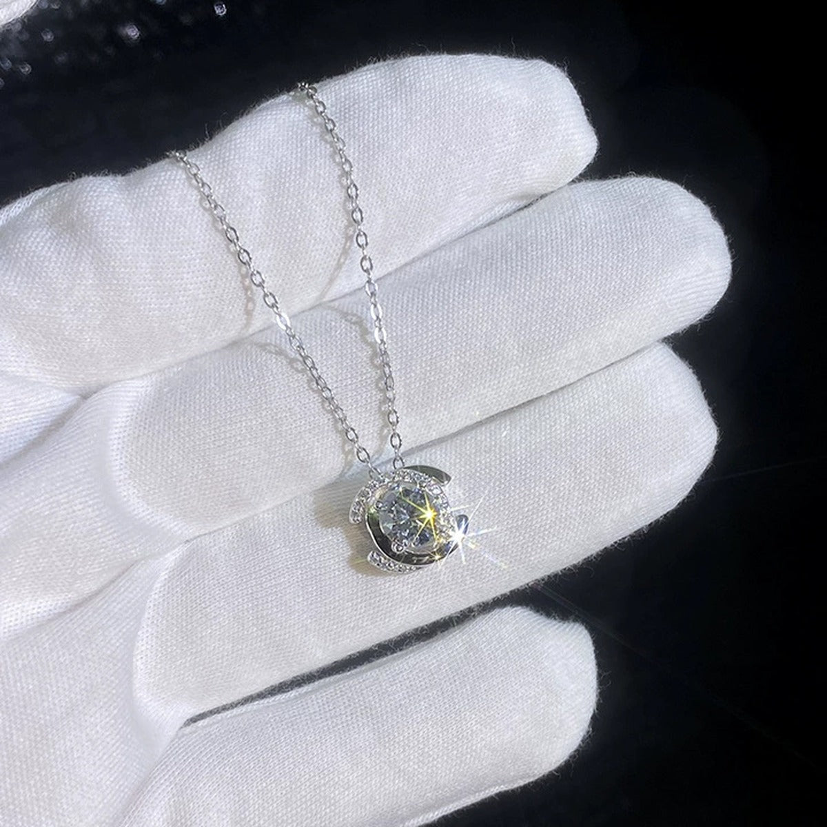 Circle Halo Moissanite Pendant Necklace with Cubic Zirconia in Platinum-Plated S925 Sterling Silver dark background product display view