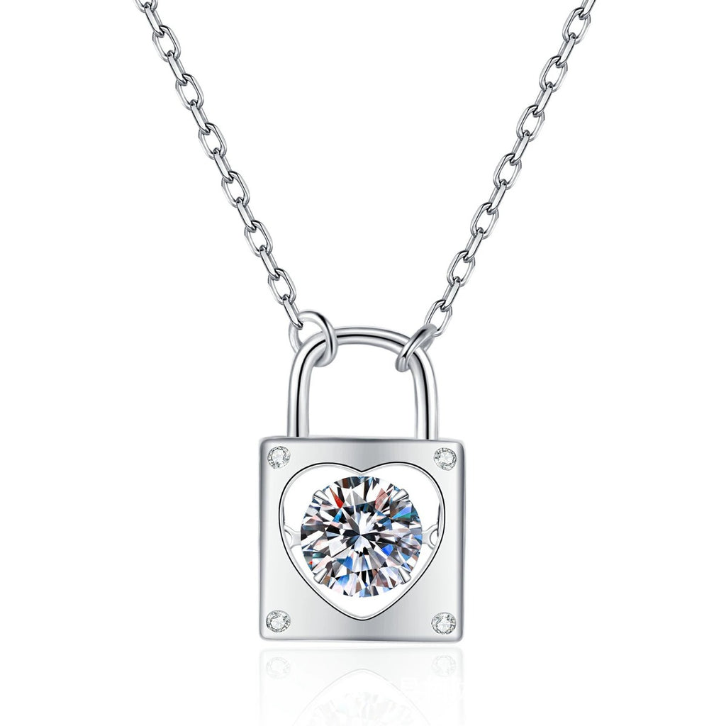 Lock Heart Moissanite Pendant Necklace with Cubic Zirconia in Platinum-Plated S925 Sterling Silver on clean white background showing the lock-shaped pendant with a heart moissanite center