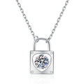 Lock Heart Moissanite Pendant Necklace with Cubic Zirconia in Platinum-Plated S925 Sterling Silver on clean white background showing the lock-shaped pendant with a heart moissanite center