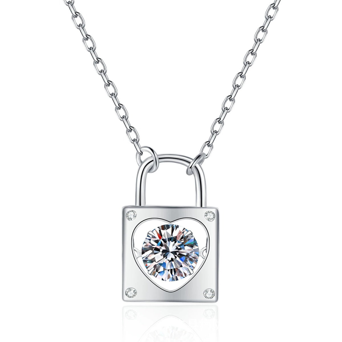 Lock Heart Moissanite Pendant Necklace with Cubic Zirconia in Platinum-Plated S925 Sterling Silver on clean white background showing the lock-shaped pendant with a heart moissanite center