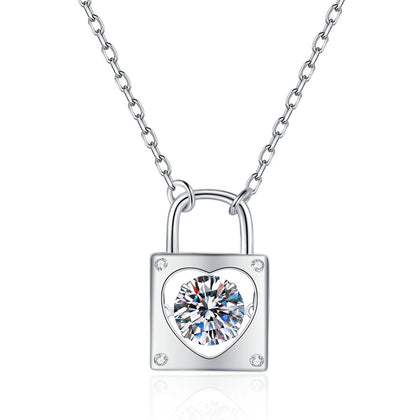 Lock Heart Moissanite Pendant Necklace with Cubic Zirconia in Platinum-Plated S925 Sterling Silver on clean white background showing the lock-shaped pendant with a heart moissanite center