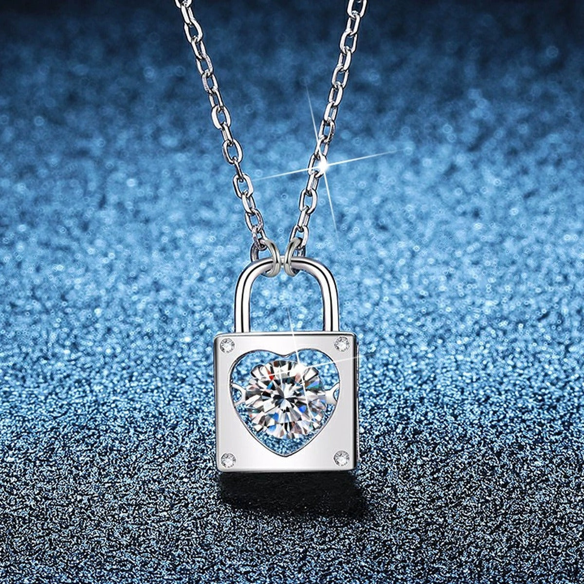 Lock Heart Moissanite Pendant Necklace with Cubic Zirconia in Platinum-Plated S925 Sterling Silver blue background product view