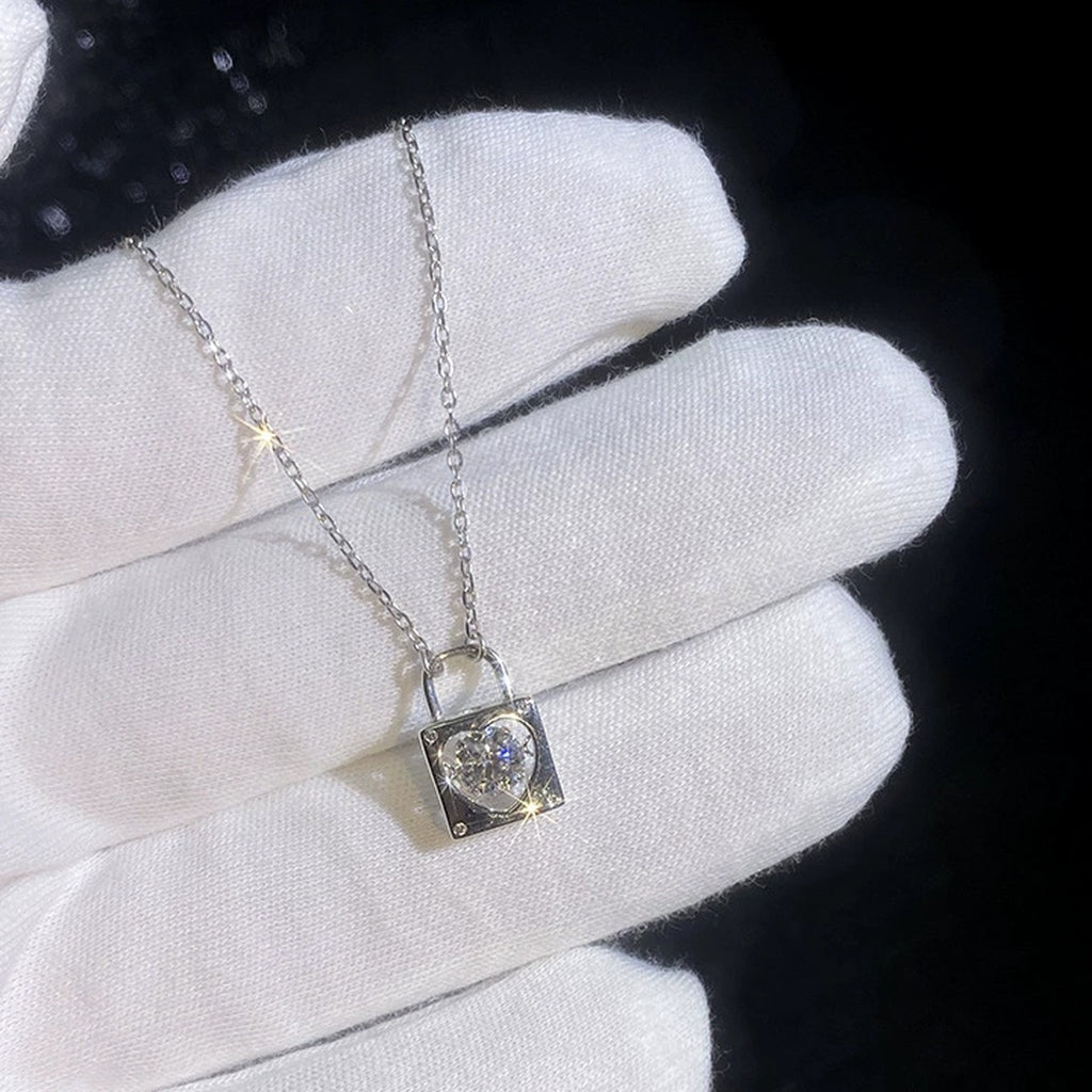 Lock Heart Moissanite Pendant Necklace with Cubic Zirconia in Platinum-Plated S925 Sterling Silver dark background product display view