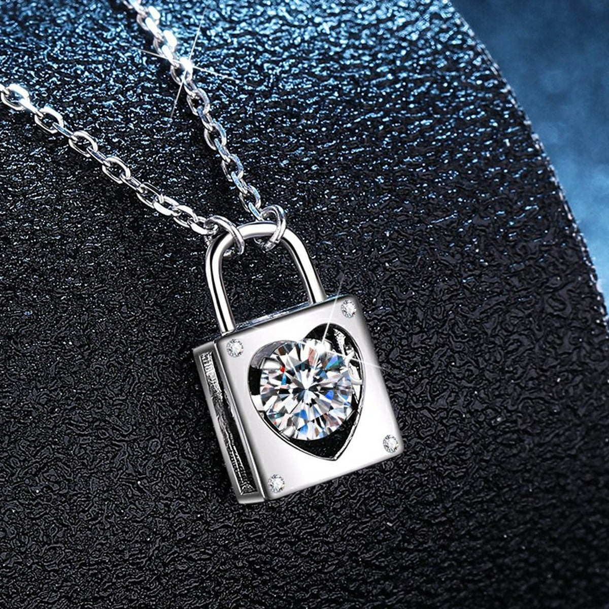 Lock Heart Moissanite Pendant Necklace with Cubic Zirconia in Platinum-Plated S925 Sterling Silver dark background product display view