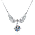 Wing Drop Moissanite Pendant Necklace with Cubic Zirconia in Platinum-Plated S925 Sterling Silver on clean white background showing the winged drop pendant holding a round moissanite