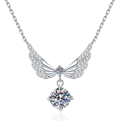 Wing Drop Moissanite Pendant Necklace with Cubic Zirconia in Platinum-Plated S925 Sterling Silver on clean white background showing the winged drop pendant holding a round moissanite
