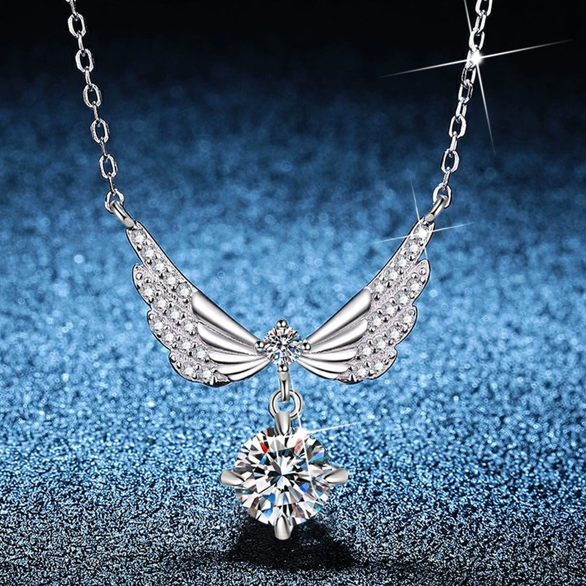 Wing Drop Moissanite Pendant Necklace with Cubic Zirconia in Platinum-Plated S925 Sterling Silver blue background product view