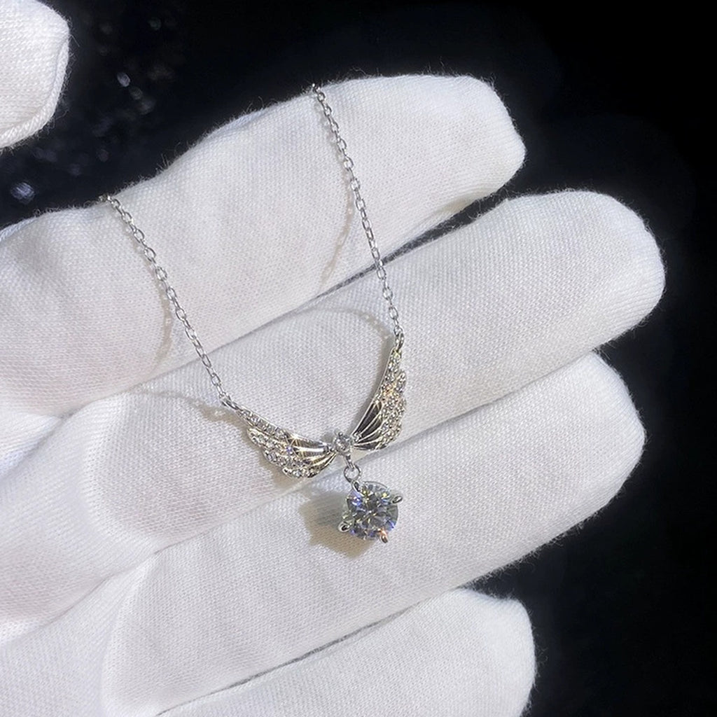 Wing Drop Moissanite Pendant Necklace with Cubic Zirconia in Platinum-Plated S925 Sterling Silver dark background product display view