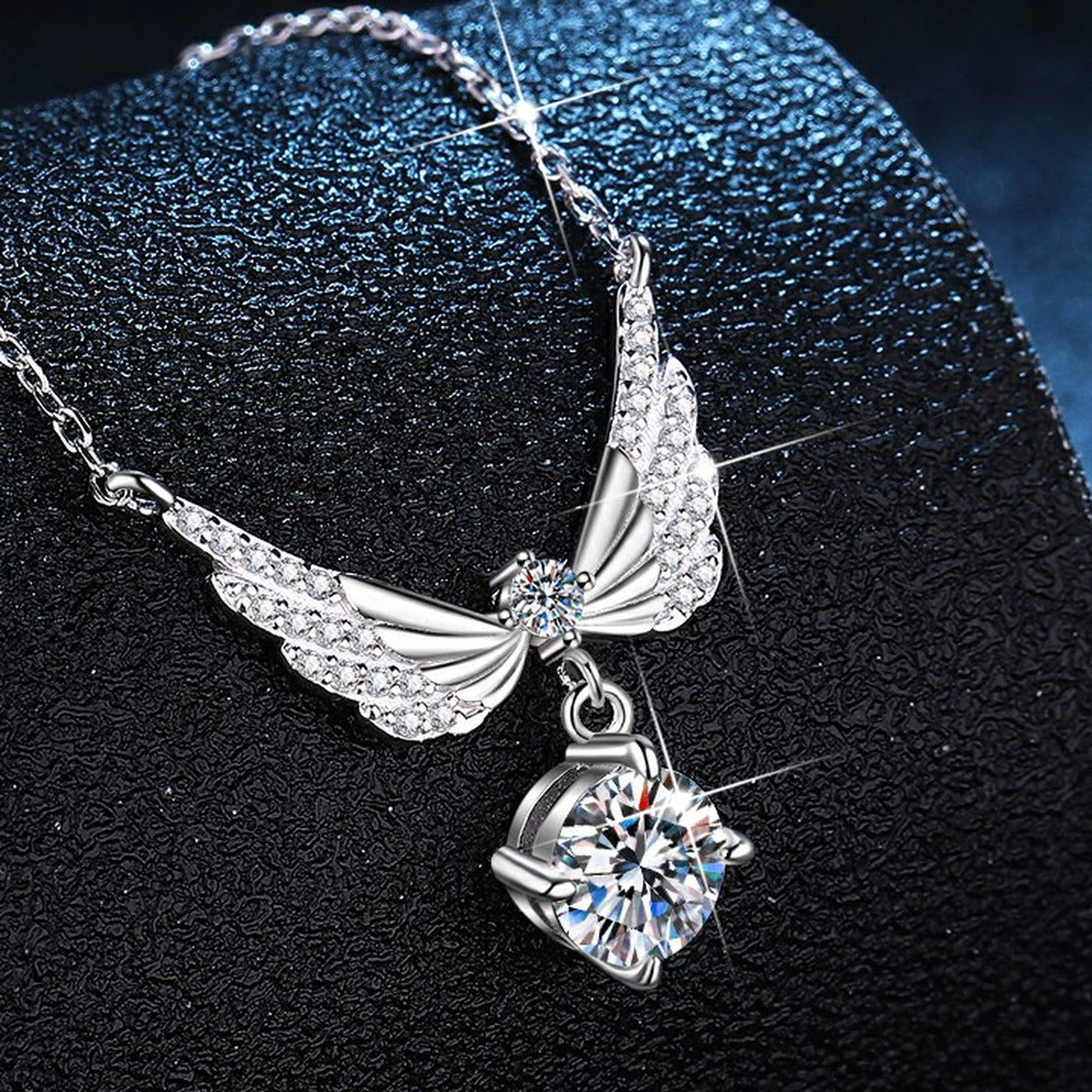 Wing Drop Moissanite Pendant Necklace with Cubic Zirconia in Platinum-Plated S925 Sterling Silver dark background product display view