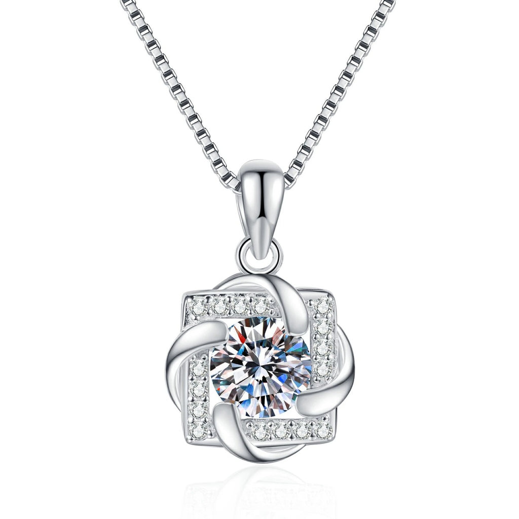 Floral Swirl Moissanite Pendant Necklace with Cubic Zirconia in Platinum-Plated S925 Sterling Silver on clean white background showing the floral swirl pendant surrounding a round moissanite