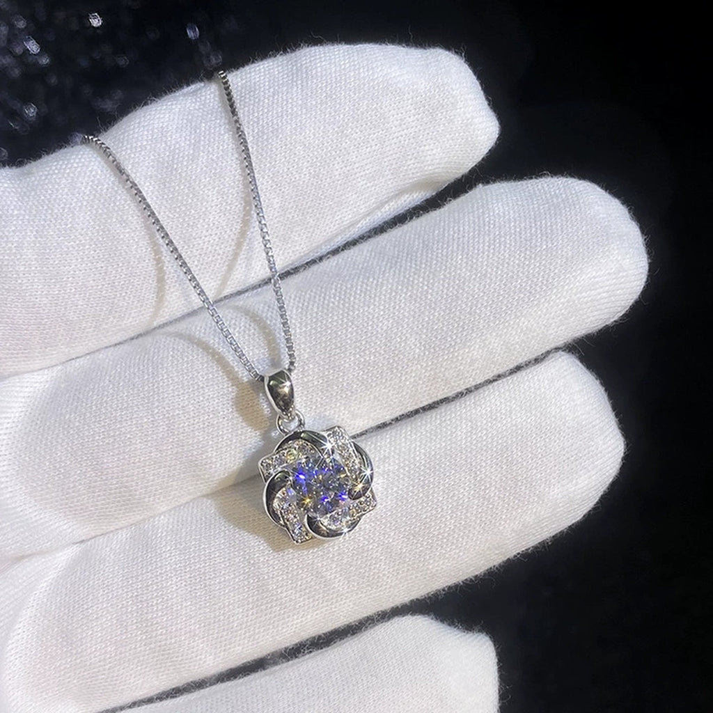 Floral Swirl Moissanite Pendant Necklace with Cubic Zirconia in Platinum-Plated S925 Sterling Silver dark background product display view