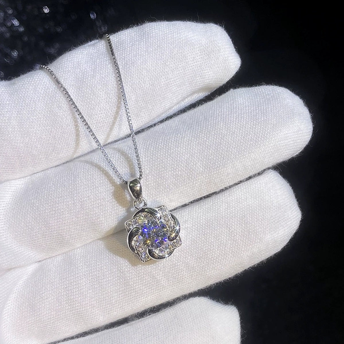 Floral Swirl Moissanite Pendant Necklace with Cubic Zirconia in Platinum-Plated S925 Sterling Silver dark background product display view