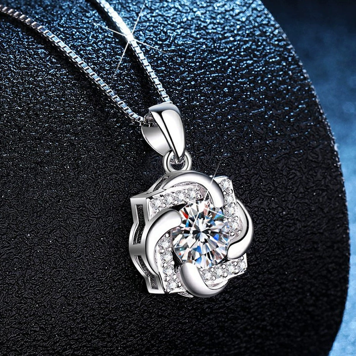 Floral Swirl Moissanite Pendant Necklace with Cubic Zirconia in Platinum-Plated S925 Sterling Silver dark background product display view