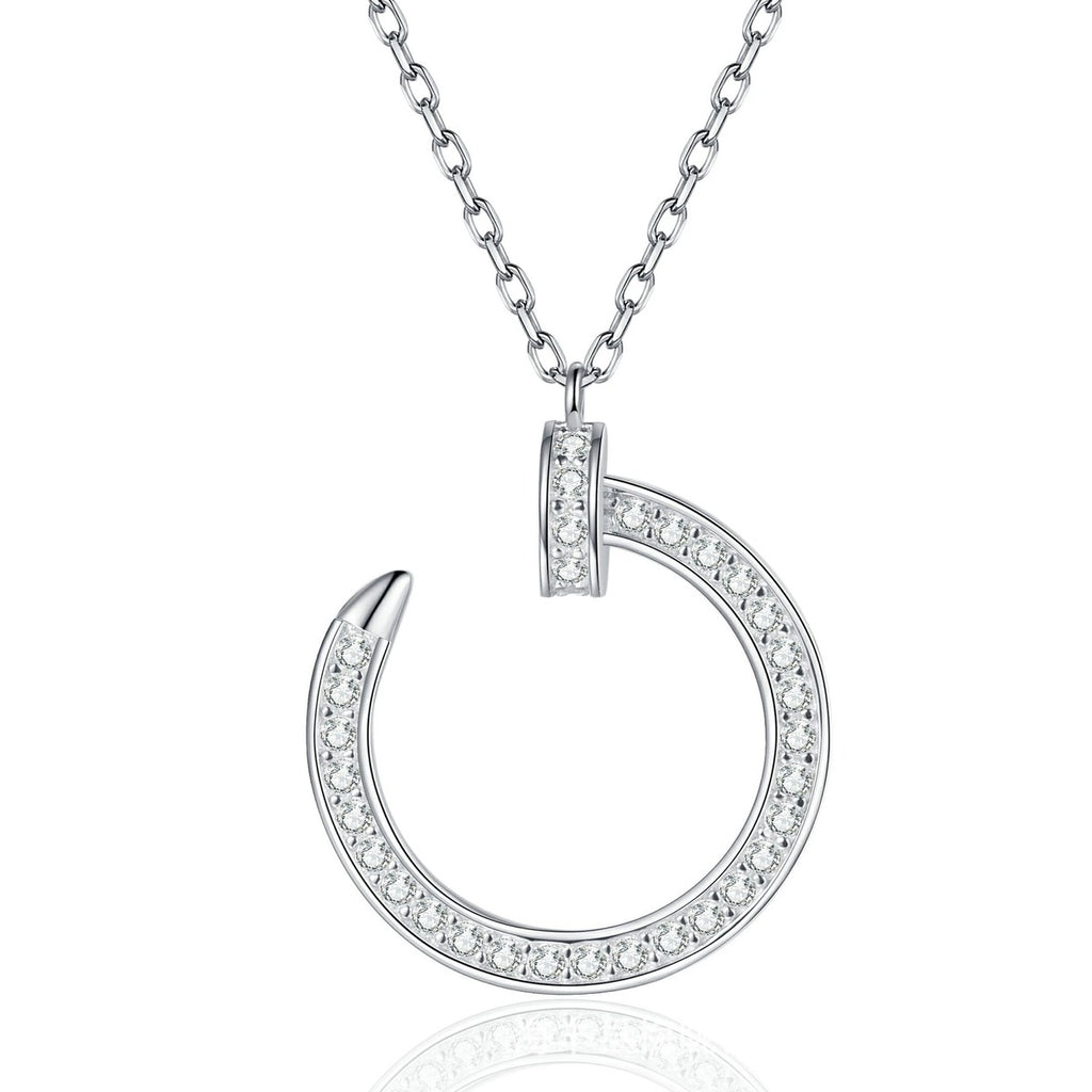 Crescent Moon Moissanite Pendant Necklace in Platinum-Plated S925 Sterling Silver on clean white background showing the open crescent moon pendant with pavé moissanite detail