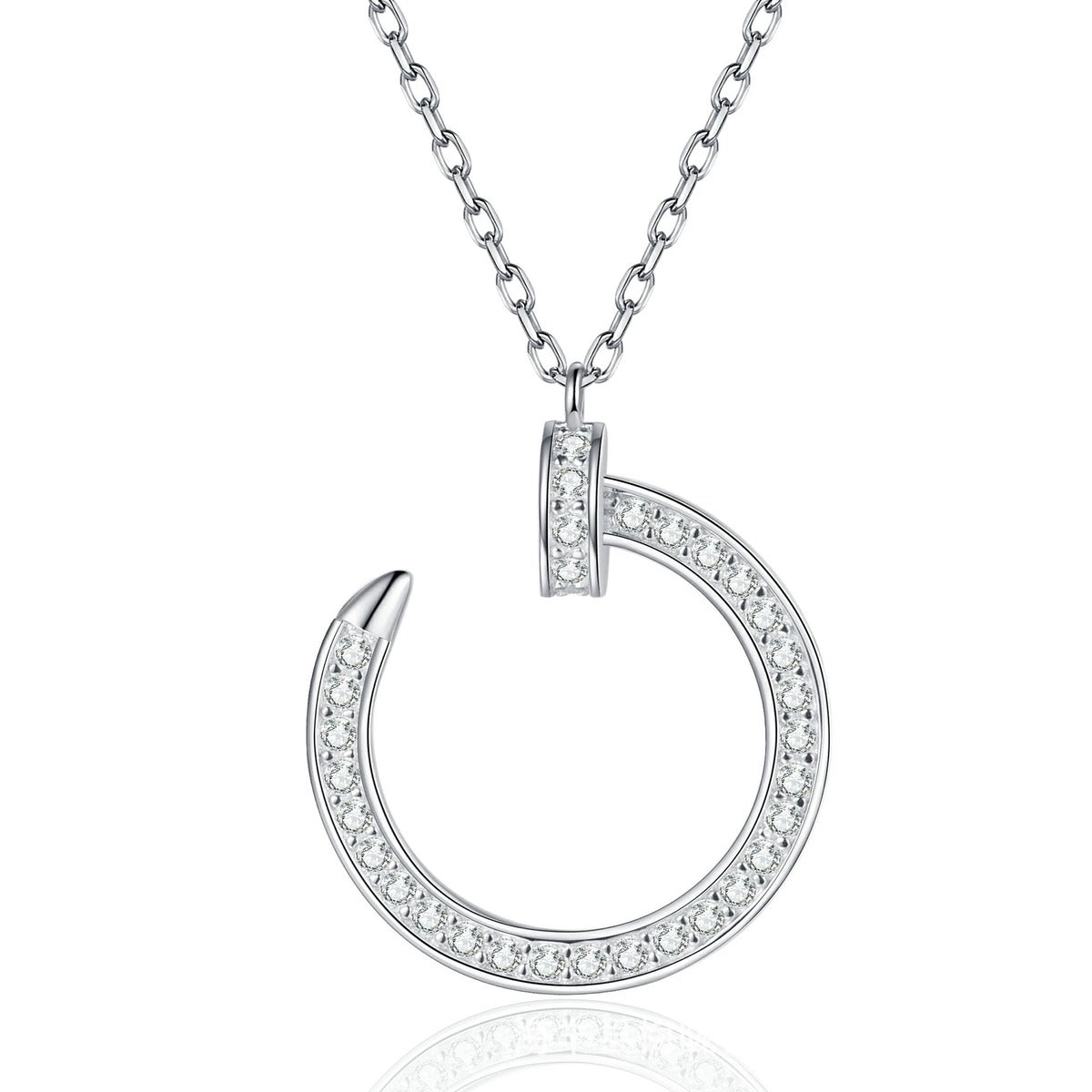 Crescent Moon Moissanite Pendant Necklace in Platinum-Plated S925 Sterling Silver on clean white background showing the open crescent moon pendant with pavé moissanite detail