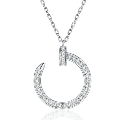 Crescent Moon Moissanite Pendant Necklace in Platinum-Plated S925 Sterling Silver on clean white background showing the open crescent moon pendant with pavé moissanite detail