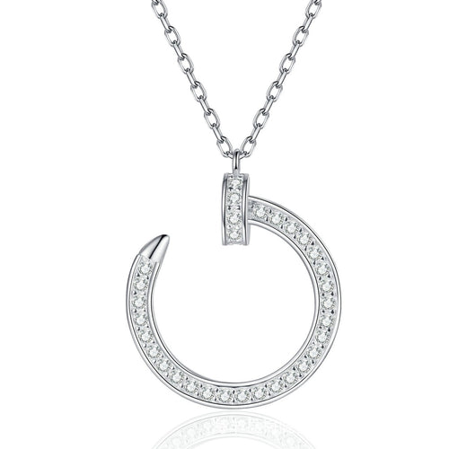 Crescent Moon Moissanite Pendant Necklace in Platinum-Plated S925 Sterling Silver on clean white background showing the open crescent moon pendant with pavé moissanite detail