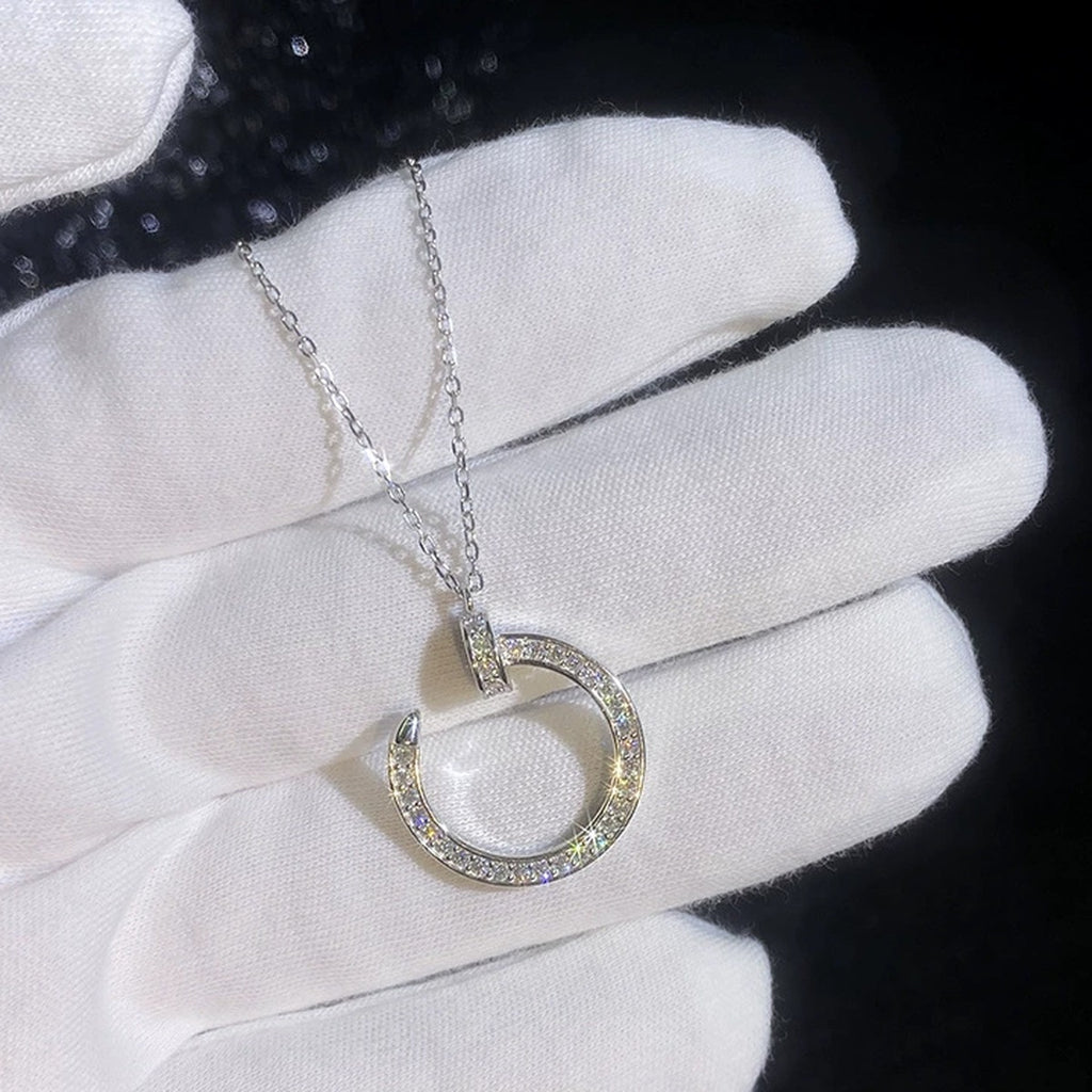 Crescent Moon Moissanite Pendant Necklace in Platinum-Plated S925 Sterling Silver dark background product display view
