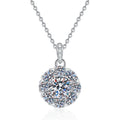 Floral Halo Moissanite Pendant Necklace with Cubic Zirconia in Platinum-Plated S925 Sterling Silver on clean white background showing the rounded floral halo pendant with a raised moissanite center
