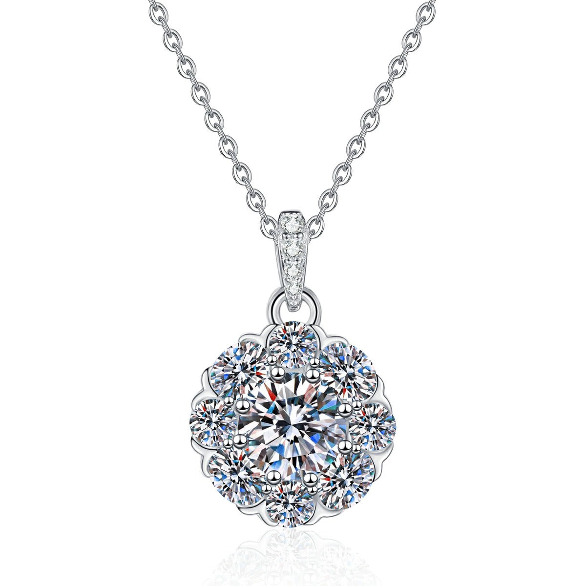 Floral Halo Moissanite Pendant Necklace with Cubic Zirconia in Platinum-Plated S925 Sterling Silver on clean white background showing the rounded floral halo pendant with a raised moissanite center