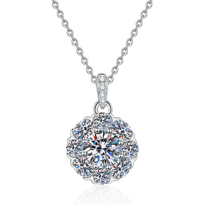 Floral Halo Moissanite Pendant Necklace with Cubic Zirconia in Platinum-Plated S925 Sterling Silver on clean white background showing the rounded floral halo pendant with a raised moissanite center