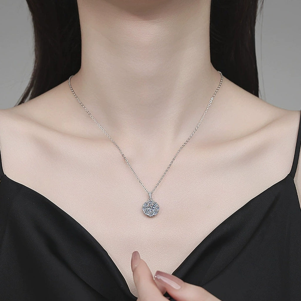Floral Halo Moissanite Pendant Necklace with Cubic Zirconia in Platinum-Plated S925 Sterling Silver worn on neckline by model