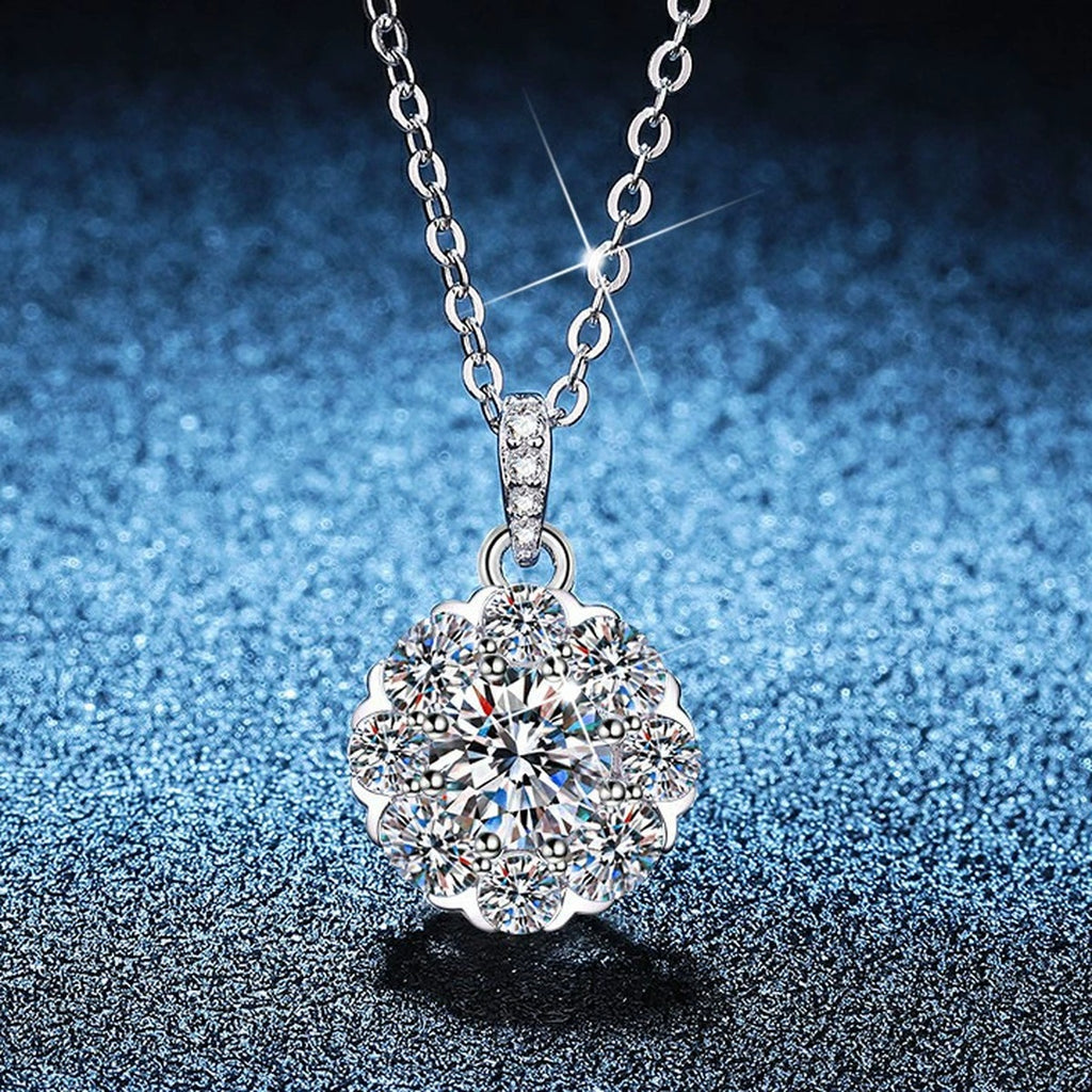 Floral Halo Moissanite Pendant Necklace with Cubic Zirconia in Platinum-Plated S925 Sterling Silver blue background product view