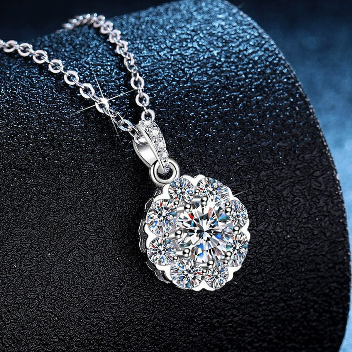 Floral Halo Moissanite Pendant Necklace with Cubic Zirconia in Platinum-Plated S925 Sterling Silver dark background product display view