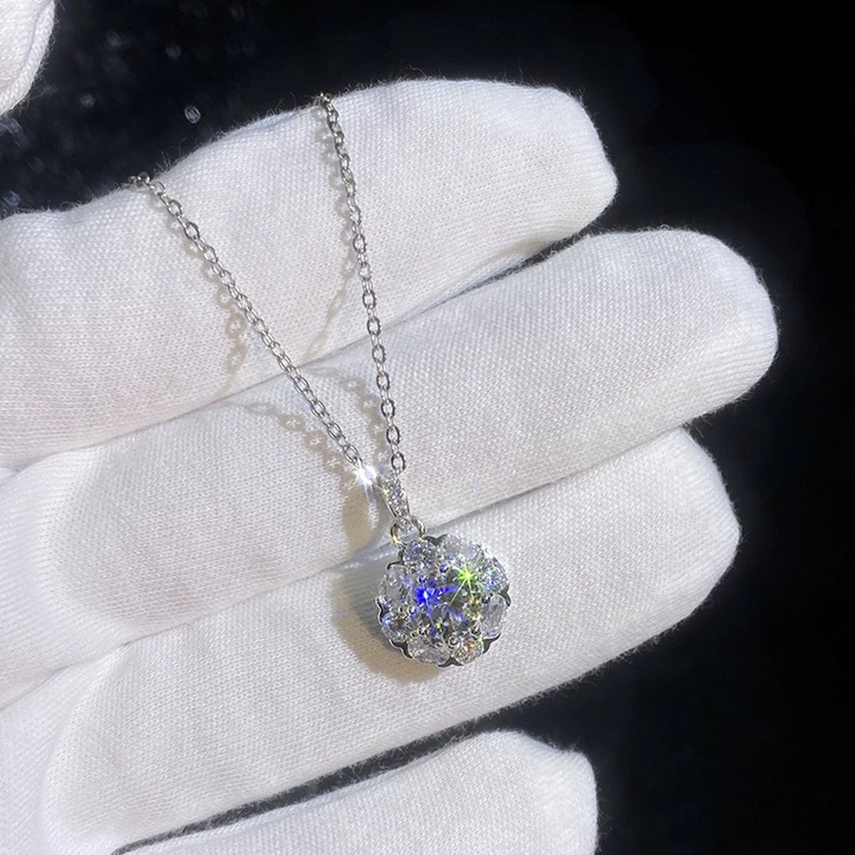 Floral Halo Moissanite Pendant Necklace with Cubic Zirconia in Platinum-Plated S925 Sterling Silver dark background product display view