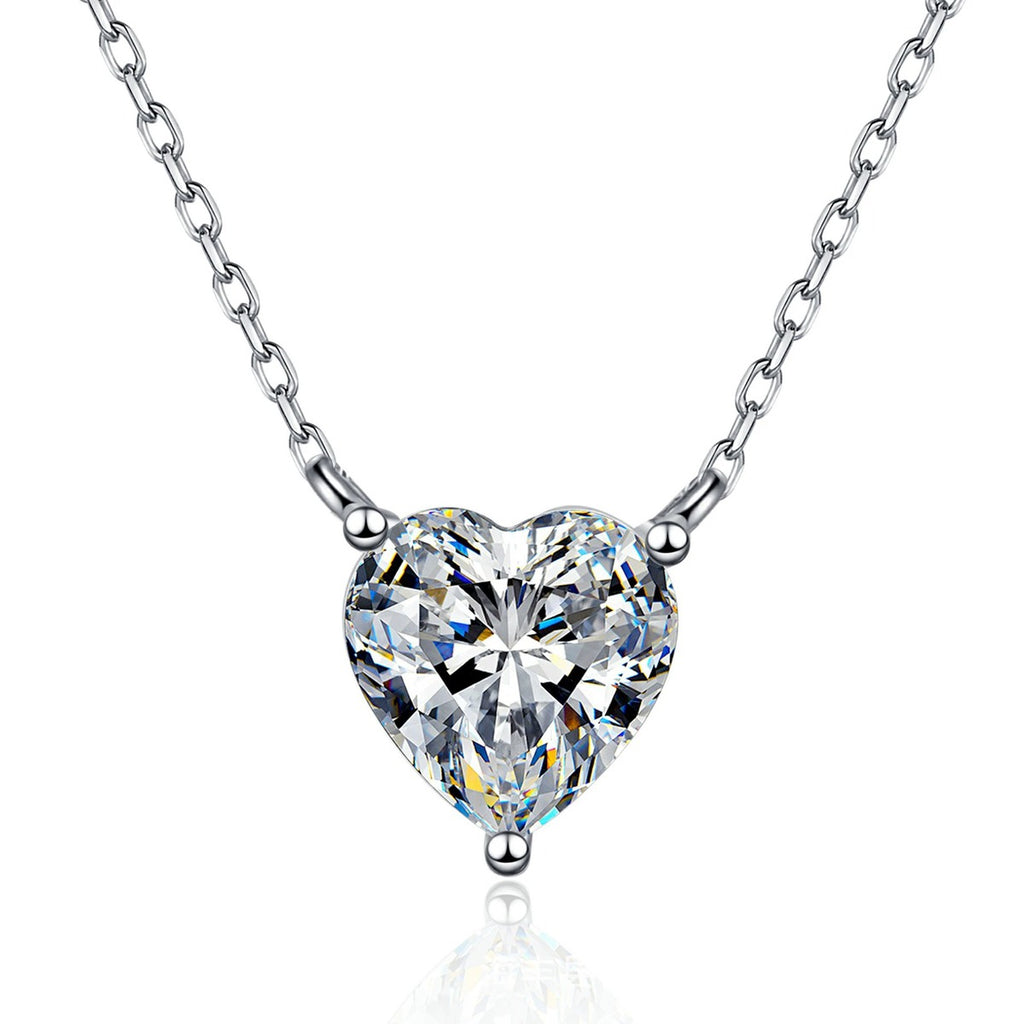 Heart Moissanite Pendant Necklace in Platinum-Plated S925 Sterling Silver on clean white background showing the heart-shaped moissanite pendant in a simple claw setting