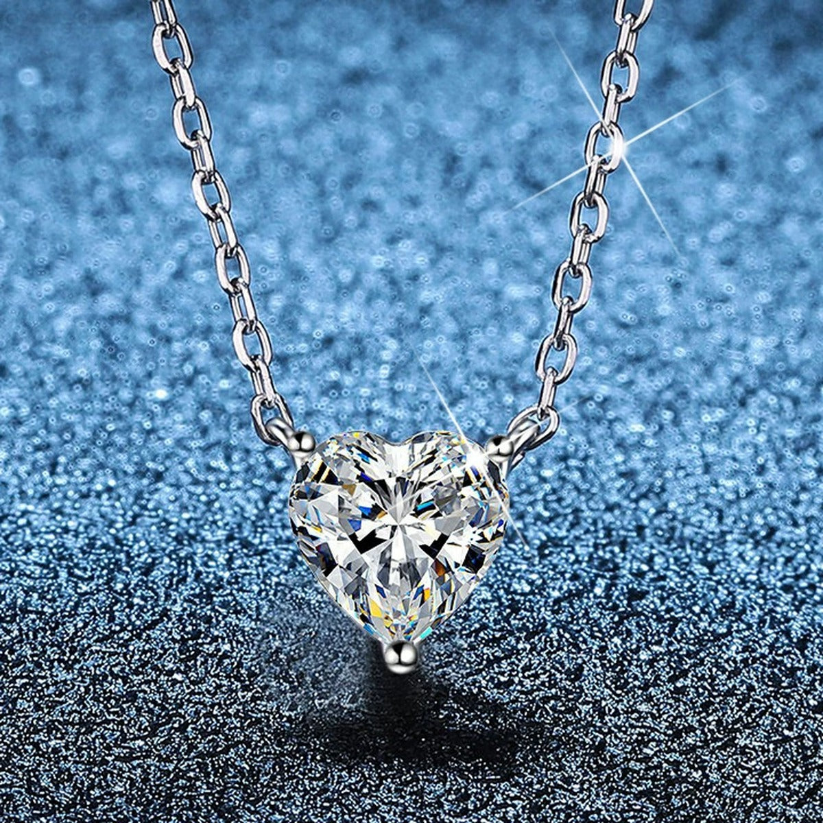Heart Moissanite Pendant Necklace in Platinum-Plated S925 Sterling Silver blue background product view
